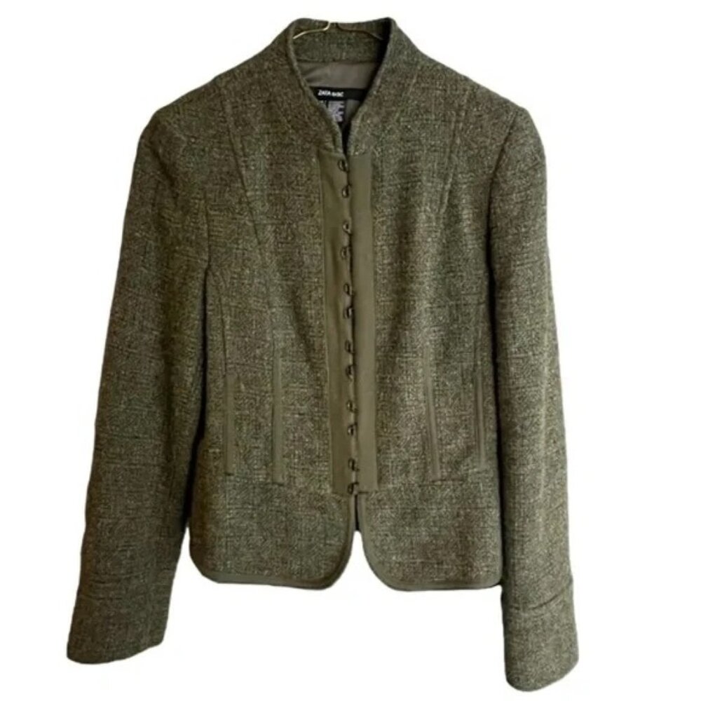 ZARA Military Army Green Wool Blend Tweed Blazer Jacket Womens Size Small